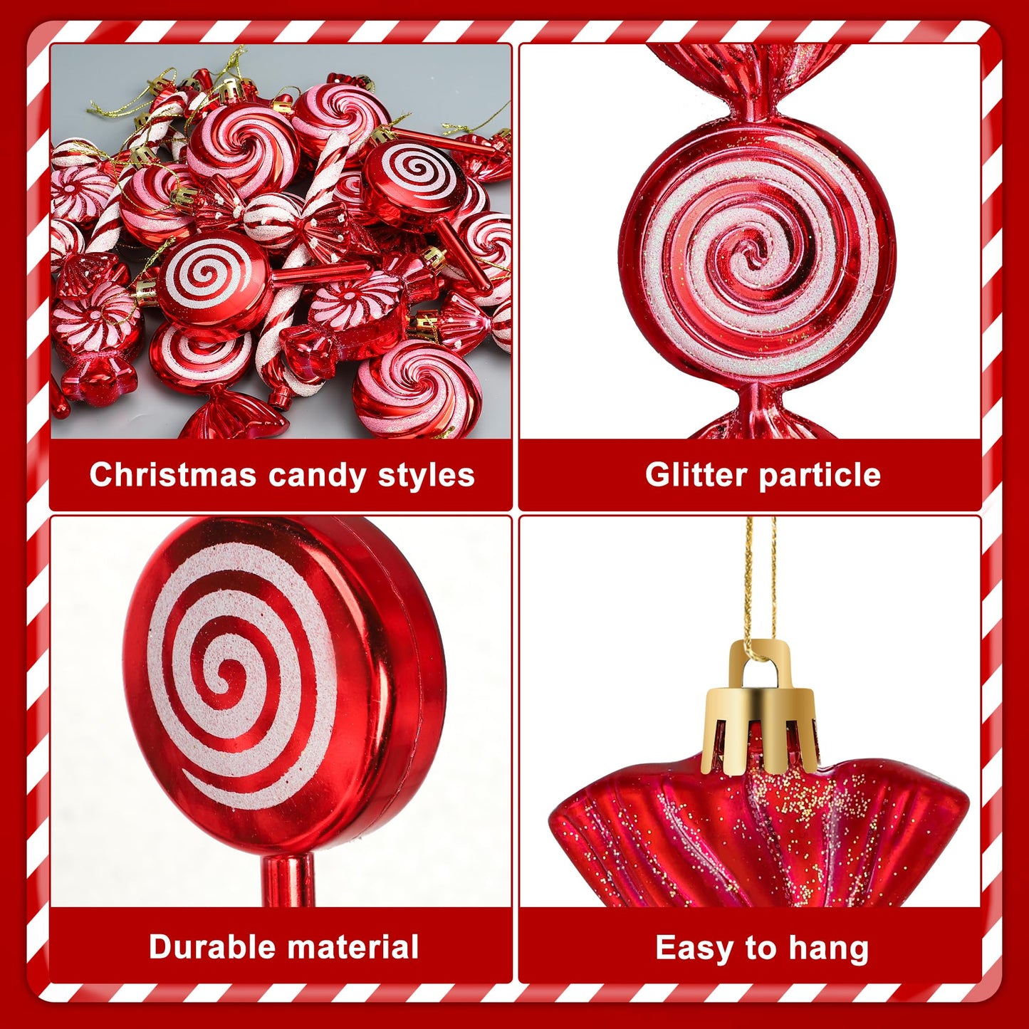 36 Pcs Christmas Candy Ornaments Hanging Glitter Candy Cane Christmas Tree Decoration Red Plastic Peppermint Lollipop Ornament with Golden Ropes for Xmas Home Party Decorations