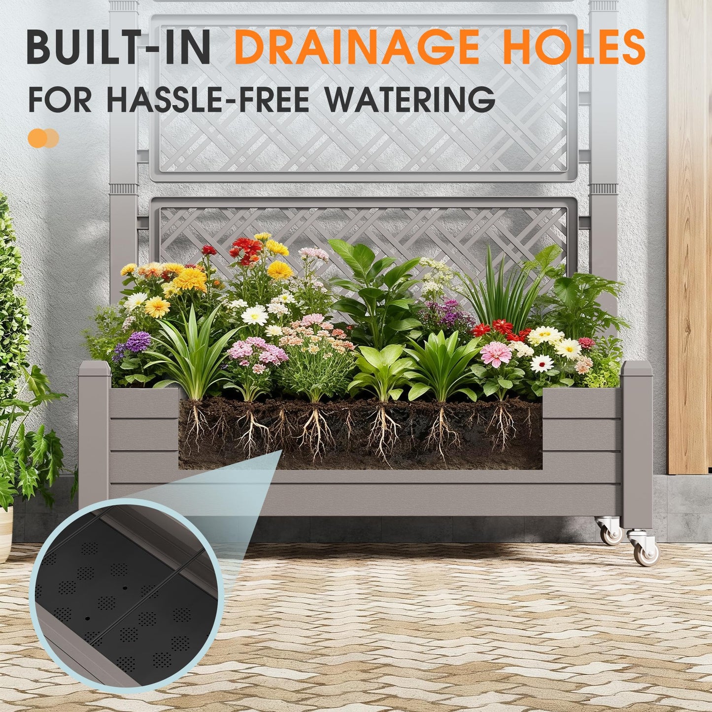WTFGO Resin Raised Garden Bed with Trellis and Wheels - Plasitc Planter Box with Trellis Outdoor with Drainage Holes & Water Monitor for Climbing Plants, Flower, Gray(61.2" H)