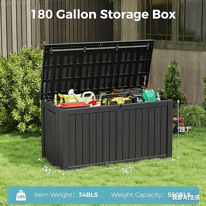 Outdoor Storage Box, Resin Deck Boxes Indoor and outdoor, Waterproof Storage Box Lockable Lid (Grey, 180 Gallon)