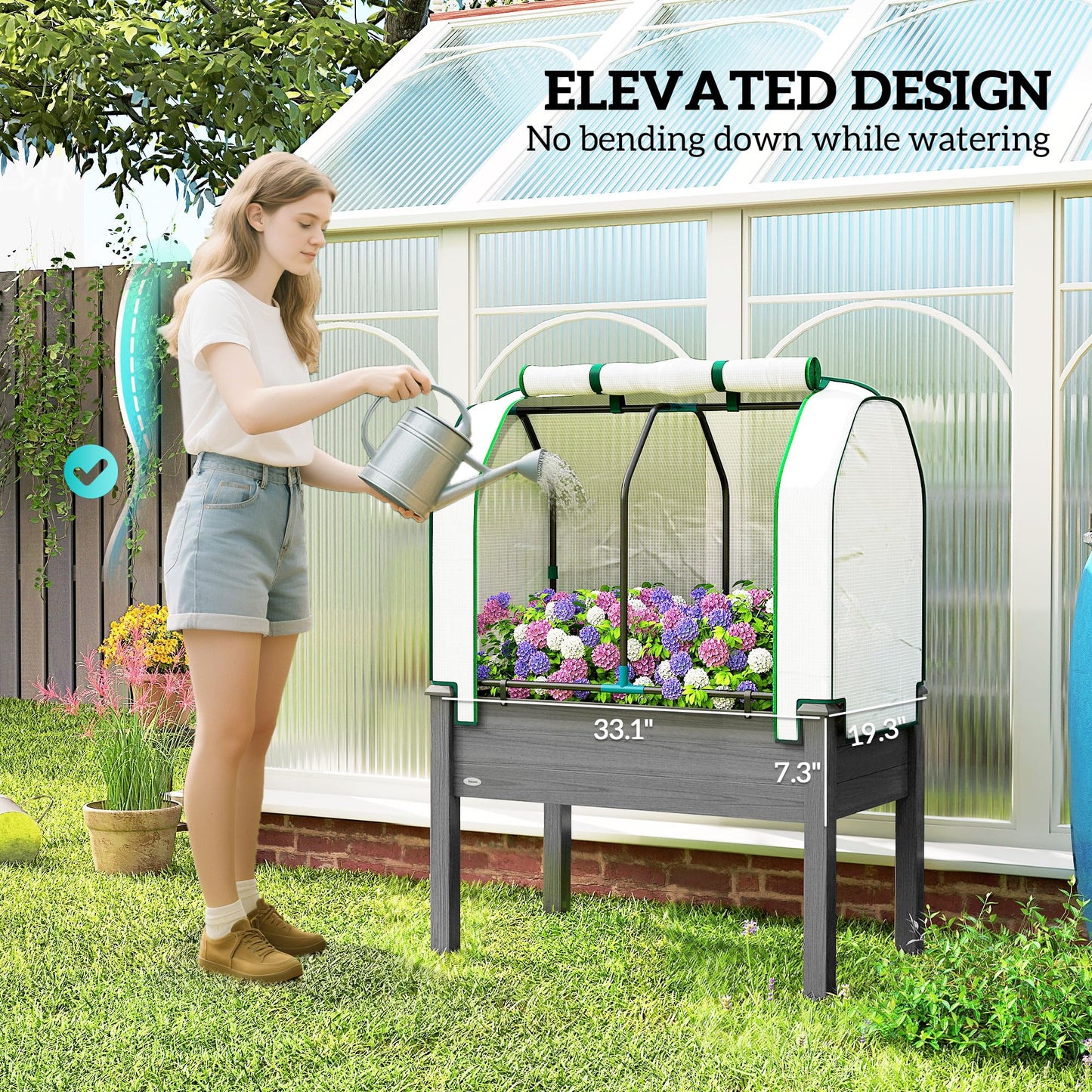Outsunny Raised Garden Bed with PE Greenhouse Cover Outdoor Elevated Wood Planter Box for Herbs and Vegetables, Use for Patio, Backyard, Balcony, 35 x 22 x 47 inch, Dark Gray