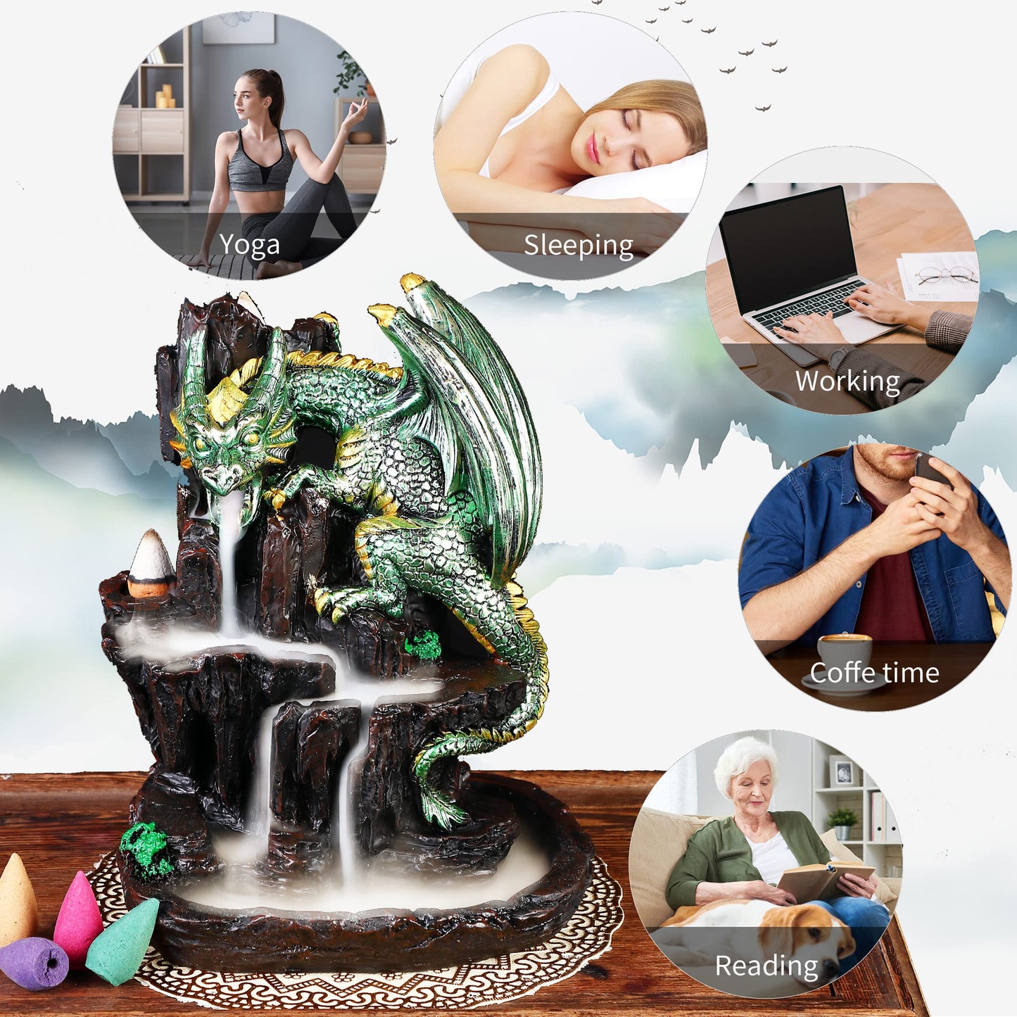 Zvaiuk Dragon Backflow 2 Sided Mountain Waterfall Incense Burner,Fountain Smoke Incense Holder with Backflow Incense Cones, Tweezers, Mat，Resin Aromatherapy Meditation (Green)