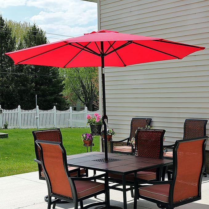 Sunnydaze Outdoor Patio Umbrella - Polyester Table Market Umbrella with Push-Button Tilt and Crank - 8 Sturdy Ribs - Red - 9ft
