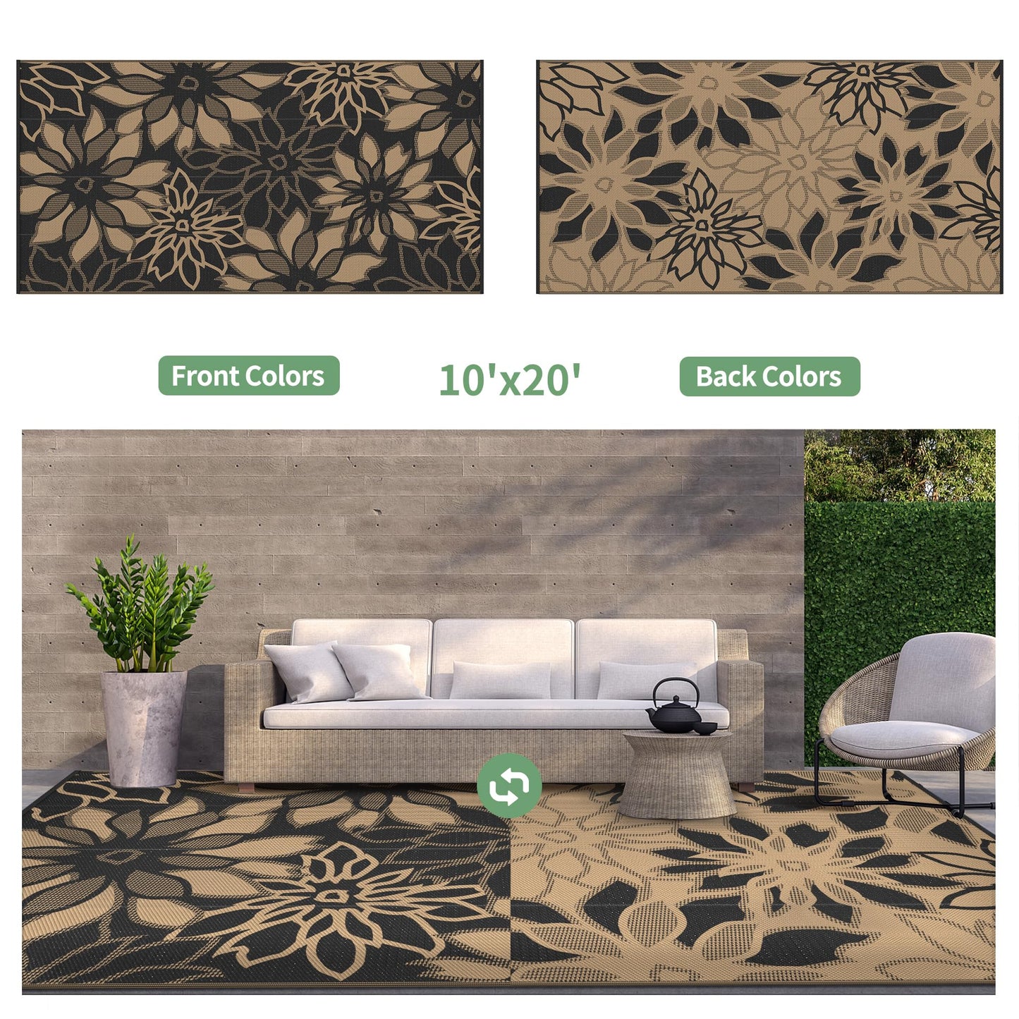 GENIMO Outdoor Rug Waterproof for Patio Decor, 10' x 20' Reversible Plastic Straw Floral Camping Carpet, Large Area Rugs Mats for RV, Camper, Deck, Balcony, Porch, Beach, Picnic, Black & Brown