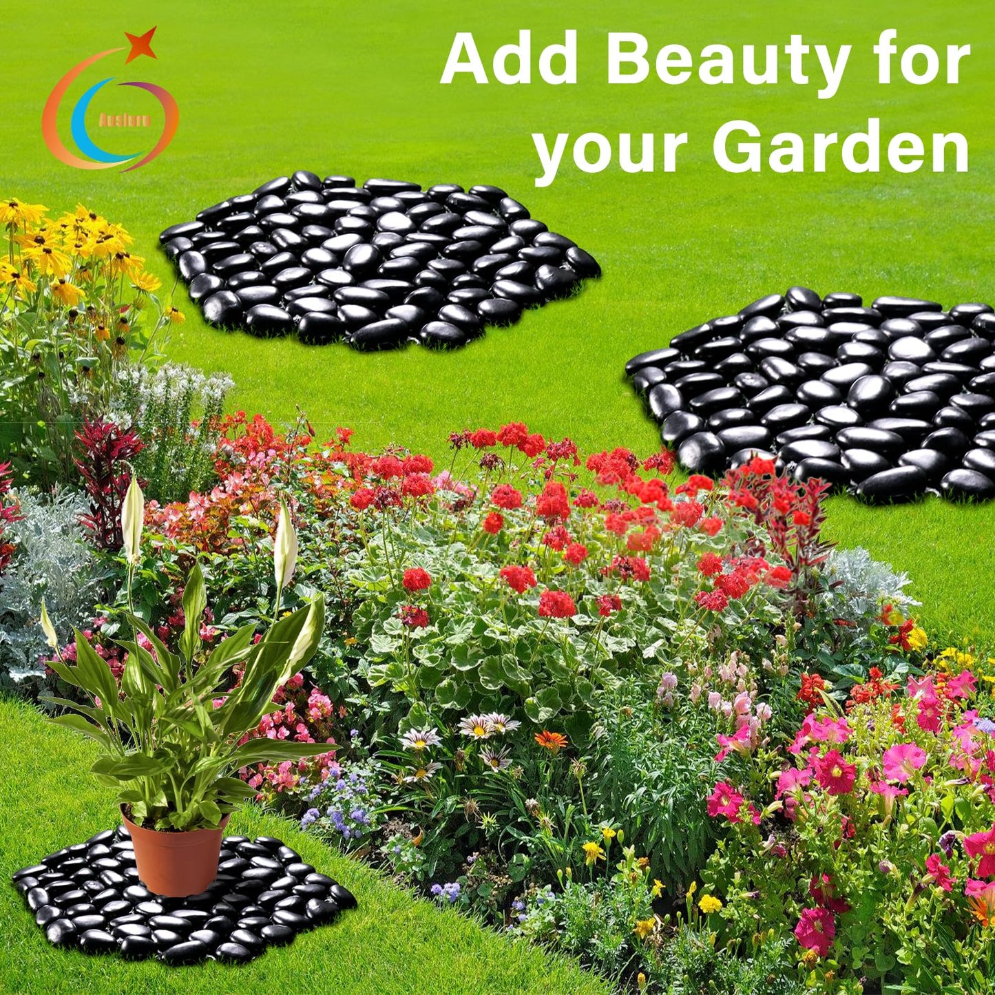 Ausluru 10in River Rock Stepping Stones Set - 6 Pack | Polished Pebble | Long-Lasting PVC Mesh Backing | Perfect for Garden Paths and Lawns Outdoor Landscaping Decoration | Black Rhombus