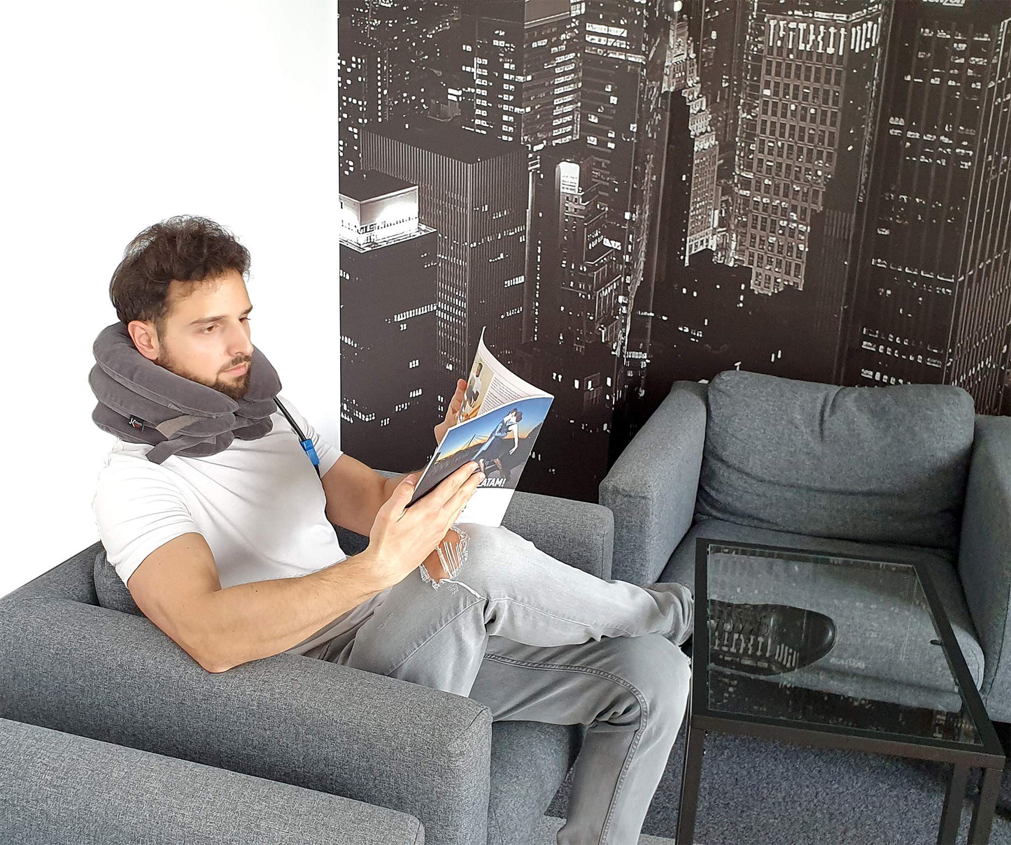 Pinched Nerve Neck Stretcher Cervical Traction Device for Home Pain Treatment | Inflatable Spinal Decompression Collar Unit Muscle Strain Injury Relief | Herniated Disc Problems Remedy Kit (Gray)