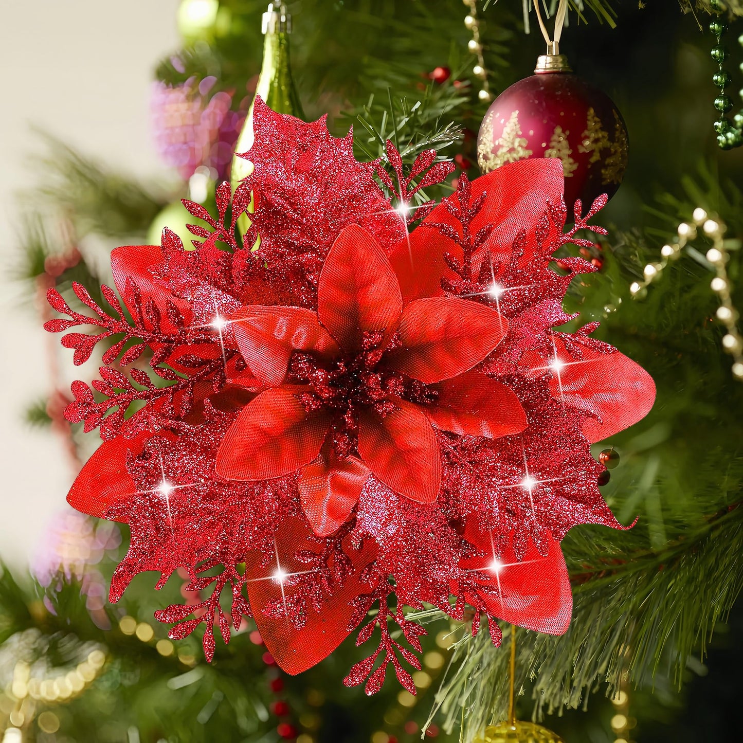 20Pcs 5.5" Red Poinsettias Glitter Artificial Christmas Flowers,Christmas Tree Decorations Christmas Ornaments Glitter Poinsettia with Clips , Christmas Decor for Xmas Tree Wedding Party Holiday