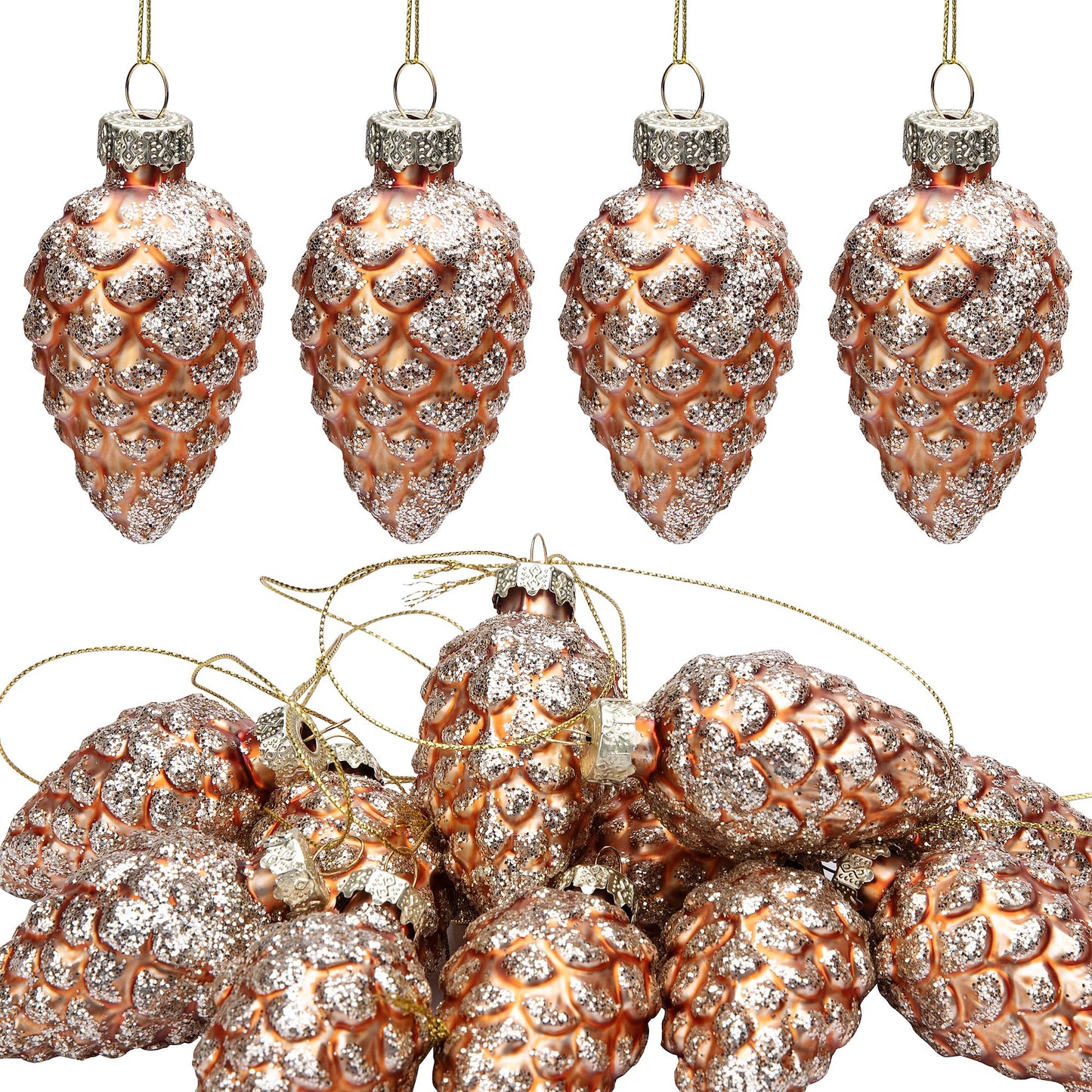 Watayo 12 Pcs Christmas Pinecone Glass Ornaments, Fall Hanging Pine Cone Painted Glass Ornaments, Glitter Pinecone Christmas Ornament for Xmas Tree DIY Crafts Fall Thanksgiving Day Decoration