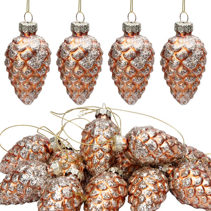 Watayo 12 Pcs Christmas Pinecone Glass Ornaments, Fall Hanging Pine Cone Painted Glass Ornaments, Glitter Pinecone Christmas Ornament for Xmas Tree DIY Crafts Fall Thanksgiving Day Decoration