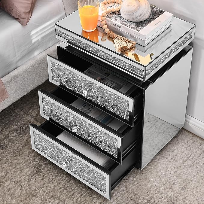 Mirrored Nightstand with 3 Drawers, Mirror End Table, Modern Bedside Table