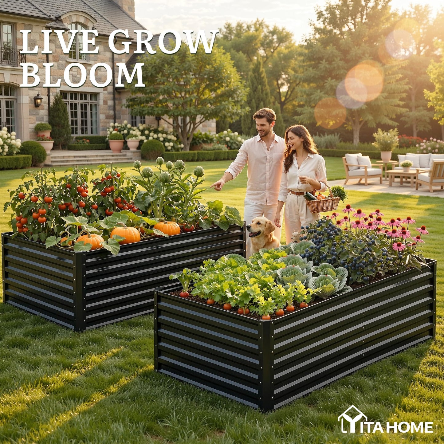 YITAHOME 6x3x2ft 2pcs Large Raised Garden Bed Kit, Galvanized Metal Planter Box with Gloves, Ground Nails, Support Rod, Outdoor Above Ground Planters for Plants Vegetables Flowers, Black