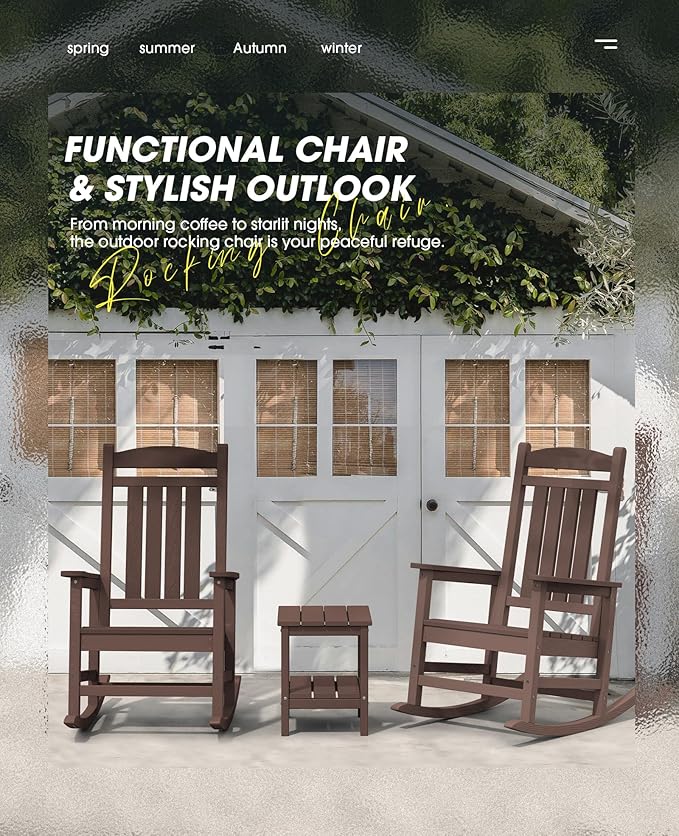 KINGYES HDPE Rocking Chairs Outdoor, Patio Rocking Chairs with 330lbs Support, Smooth Porch Rocker for Deck Lawn Yard, Coffee Brown