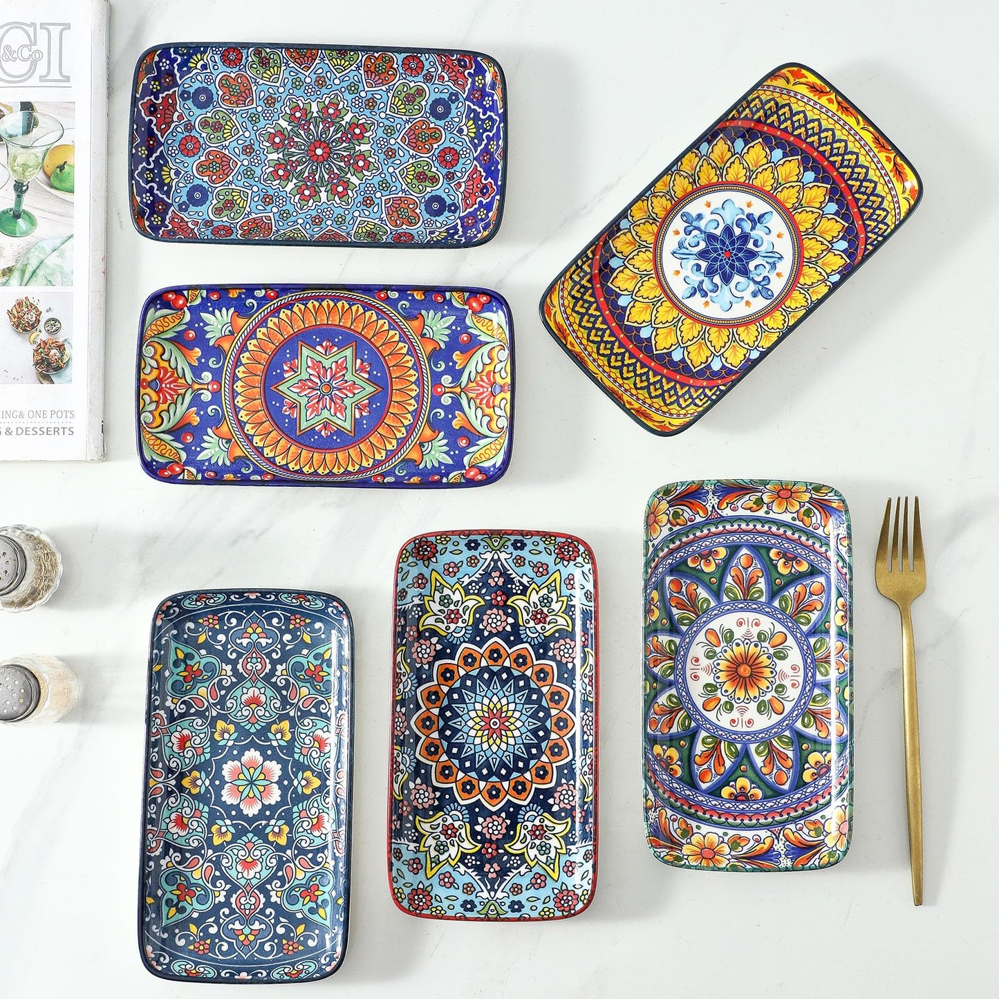 glowworm Porcelain Appetizer Plates Set of 6, 8.5 Inch Salad Plates for Sushi, Dessert, Rectangular Serving Platters, Serving Tray for Party, Kitchen, Microwave & Oven Safe, Bohemian