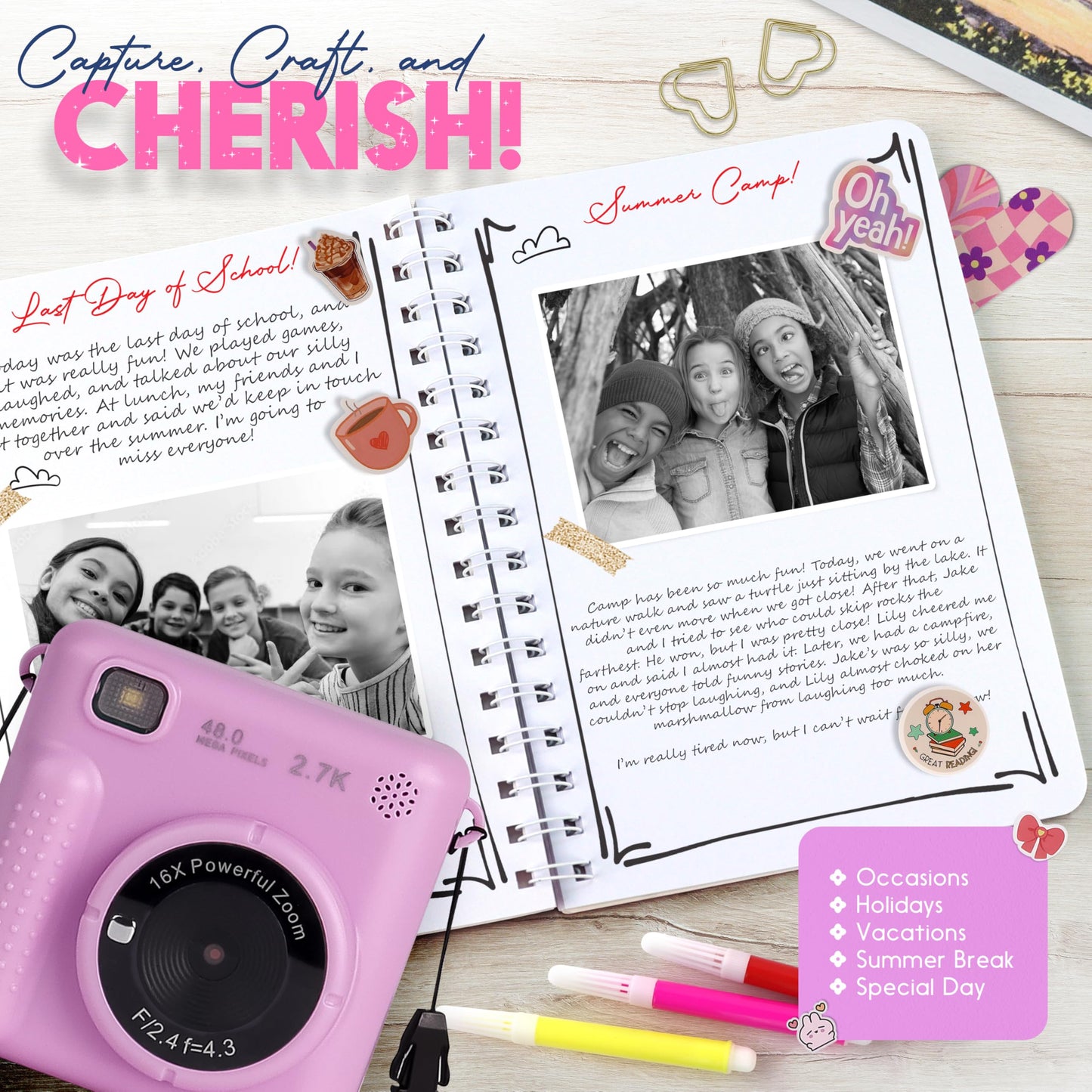 FINcredible Photomaker Kit - Instant Print Camera for Kids Plus DIY Journal Kit for Girls - 150 Pcs Tween Journal & Camera for Girls - 6 7 8 9 10 11 12 13 14 Year Old Girl (Lilac)