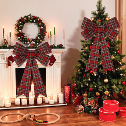 1 PCS Christmas Tree Bows, 9x12 In Large White Black Red Velvet Bows for Christmas Tree, Buffalo Plaid Plastic Big Christmas Bow for Xmas Decorations Wreath Stairs Railing Fireplace Front Door Decor