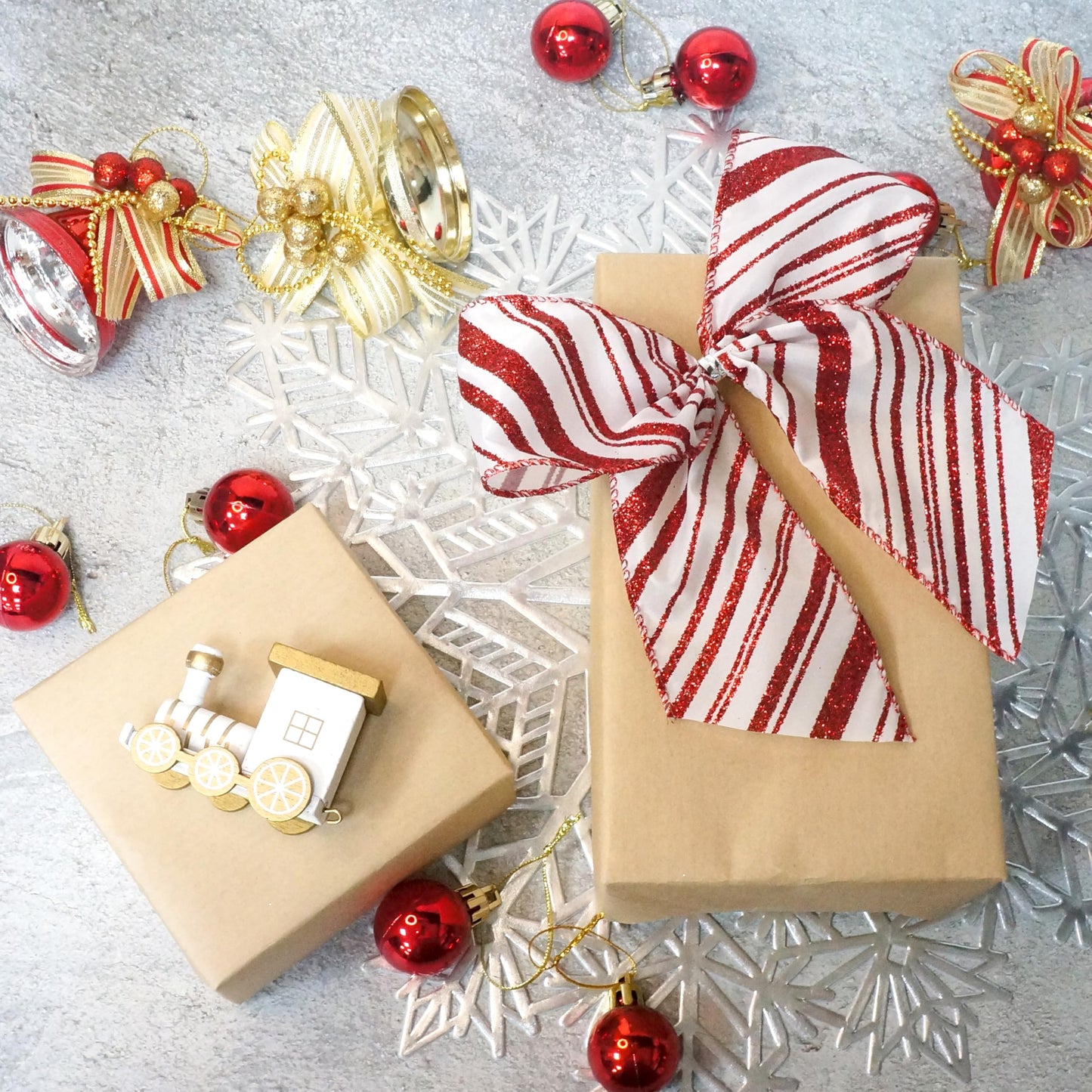 ALTIER 2.5 Inch x 40 Yards White Satin Red Glitter Stripes Wired Ribbon for Christmas Home Decoration Gift Wrapping Bow Making Wreath DIY Crafts