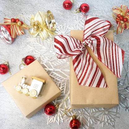 ALTIER 2.5 Inch x 40 Yards White Satin Red Glitter Stripes Wired Ribbon for Christmas Home Decoration Gift Wrapping Bow Making Wreath DIY Crafts
