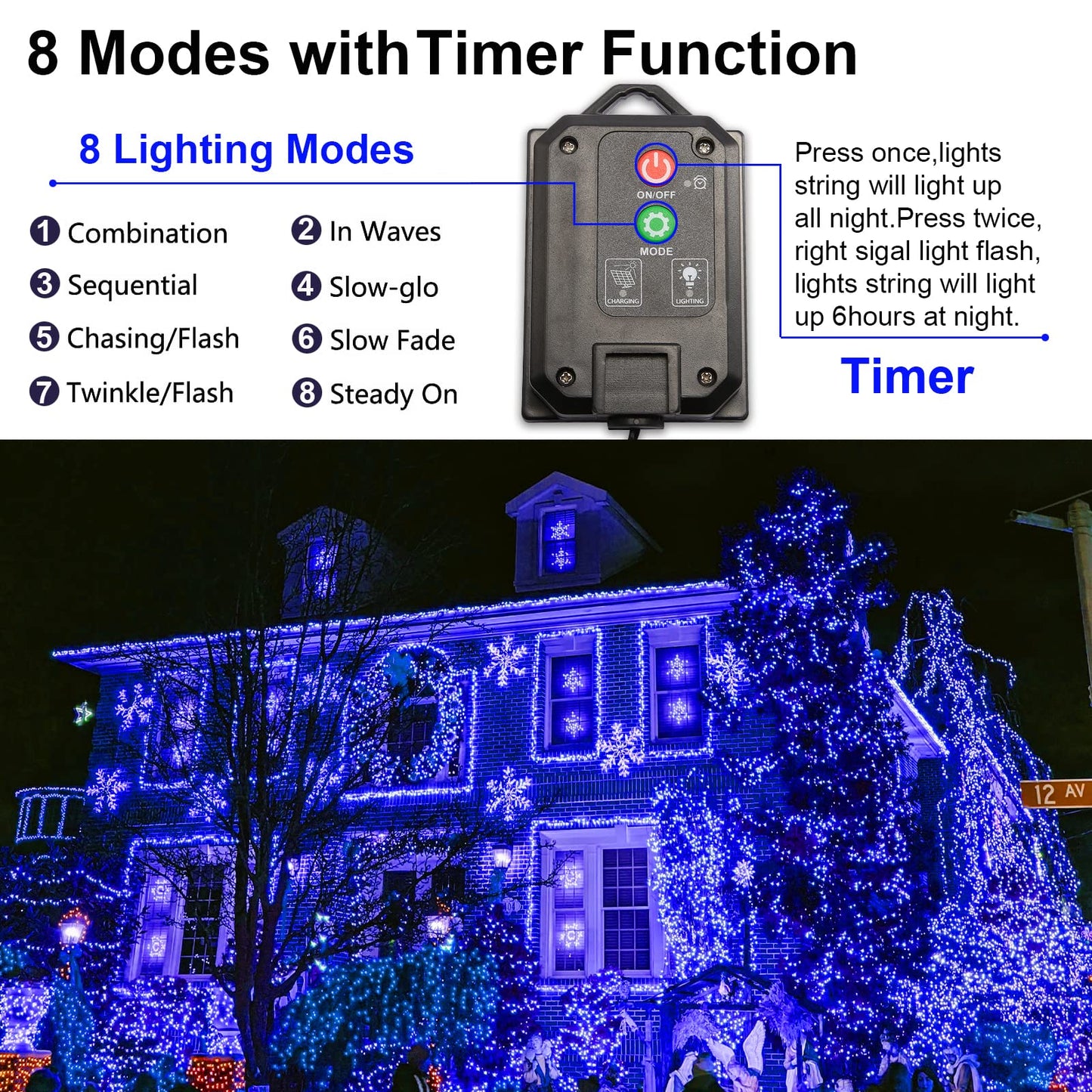 Blue Solar String Lights Outdoor Waterproof, 2 Pack 144ft 400LED with 8 Modes IP44 Waterproof, Fairy Twinkle Decorations for Christmas Tree Garden Patio Wedding Party Yard