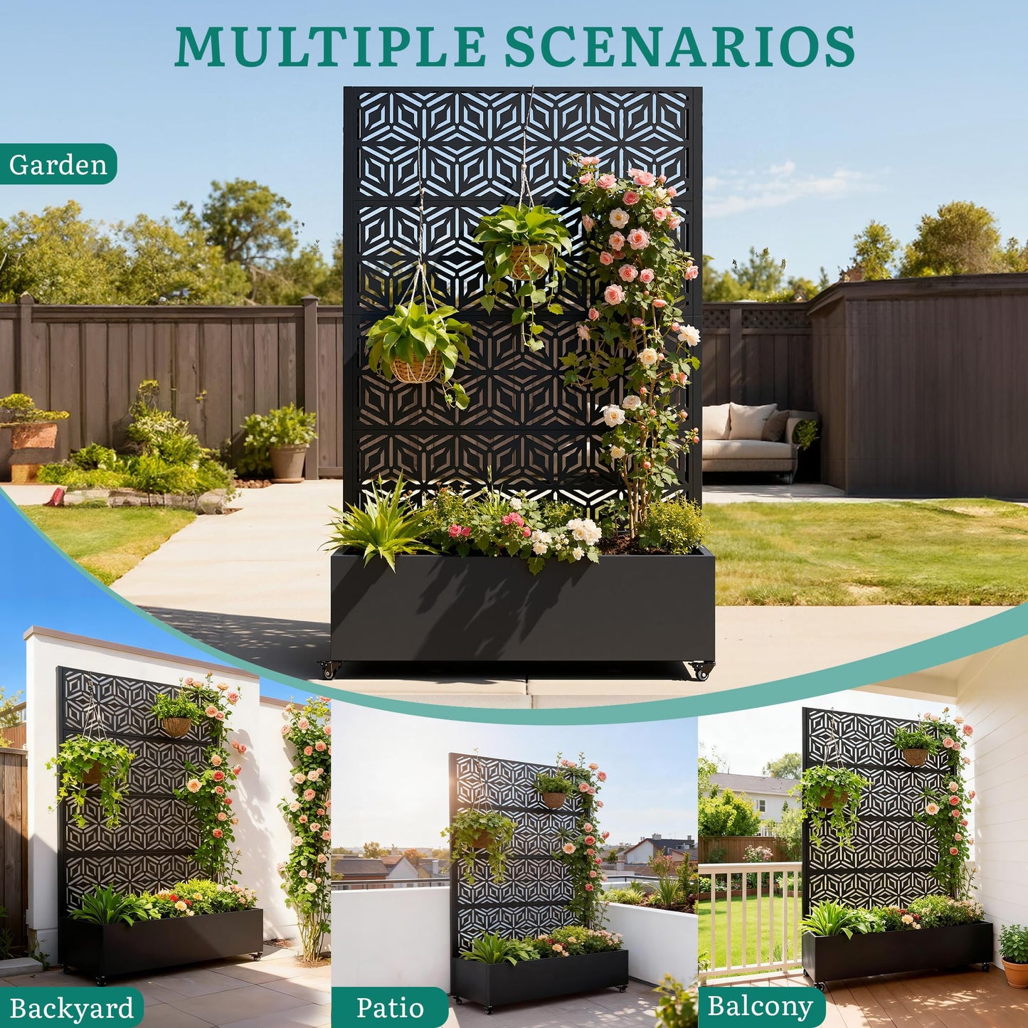 Ultym Metal Planter Box with Trellis, Galvanized Steel Raised Garden Bed with Privacy Screen, Lockable Casters, 73"x47"x16" Planter with Drainage Holes for Outdoor Climbing Plants, Vegetables, Patio