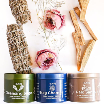 Cleansing Sage, Palo Santo, Nag Champa - Soy Candles Non Toxic - Highly Scented Long Lasting with Essential Oils - Variety Pack of 3 x 5oz - for Home Aromatherapy Meditation Gift Travel