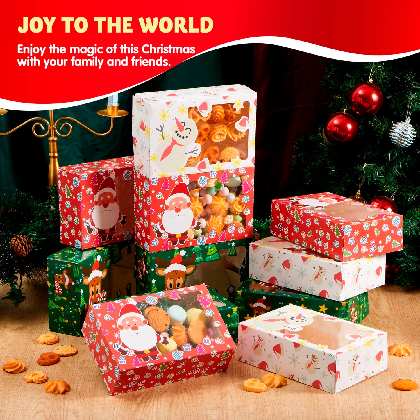JOYIN 24 PCS Christmas Foil Treats Cookie Gift Boxes (8.75" x 5.75" x 2.75") Colorful Pattern Bakery Box with Window for Xmas Holiday Birthday Party Pastries, Cupcakes, Brownies, Donuts Gift-Giving