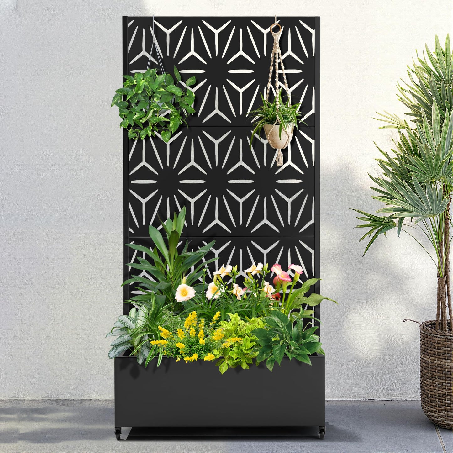 FENCY Metal Raised Garden Bed with Wheels and Trellis,73"x35"x16" Planter Box for Climbing Plants, Vegetables & Vines, Features Privacy Screen and Drainage Holes (Black-Star)