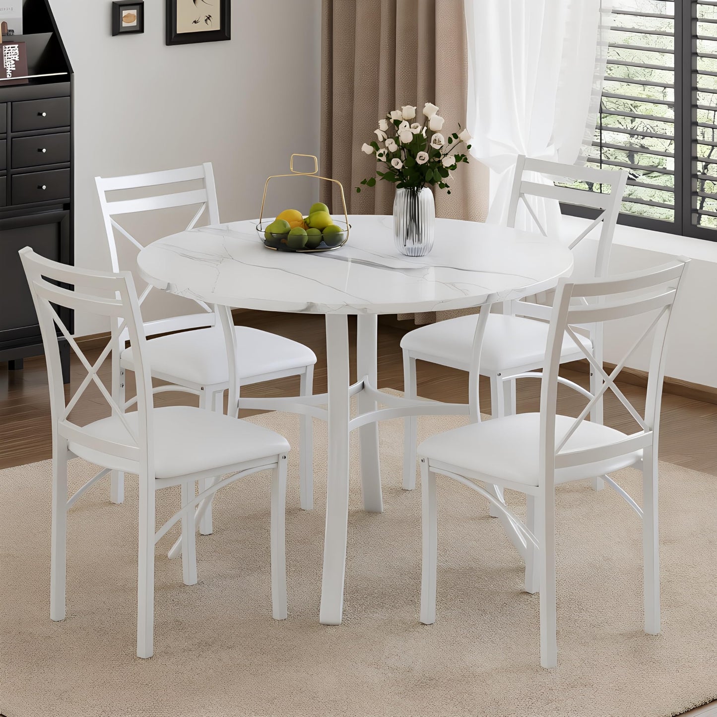 VECELO 5 Piece Dining Table Set for 4 with Chairs, Faux Marble Tabletop, Small Space, Kitchen, Breakfast Nook, White