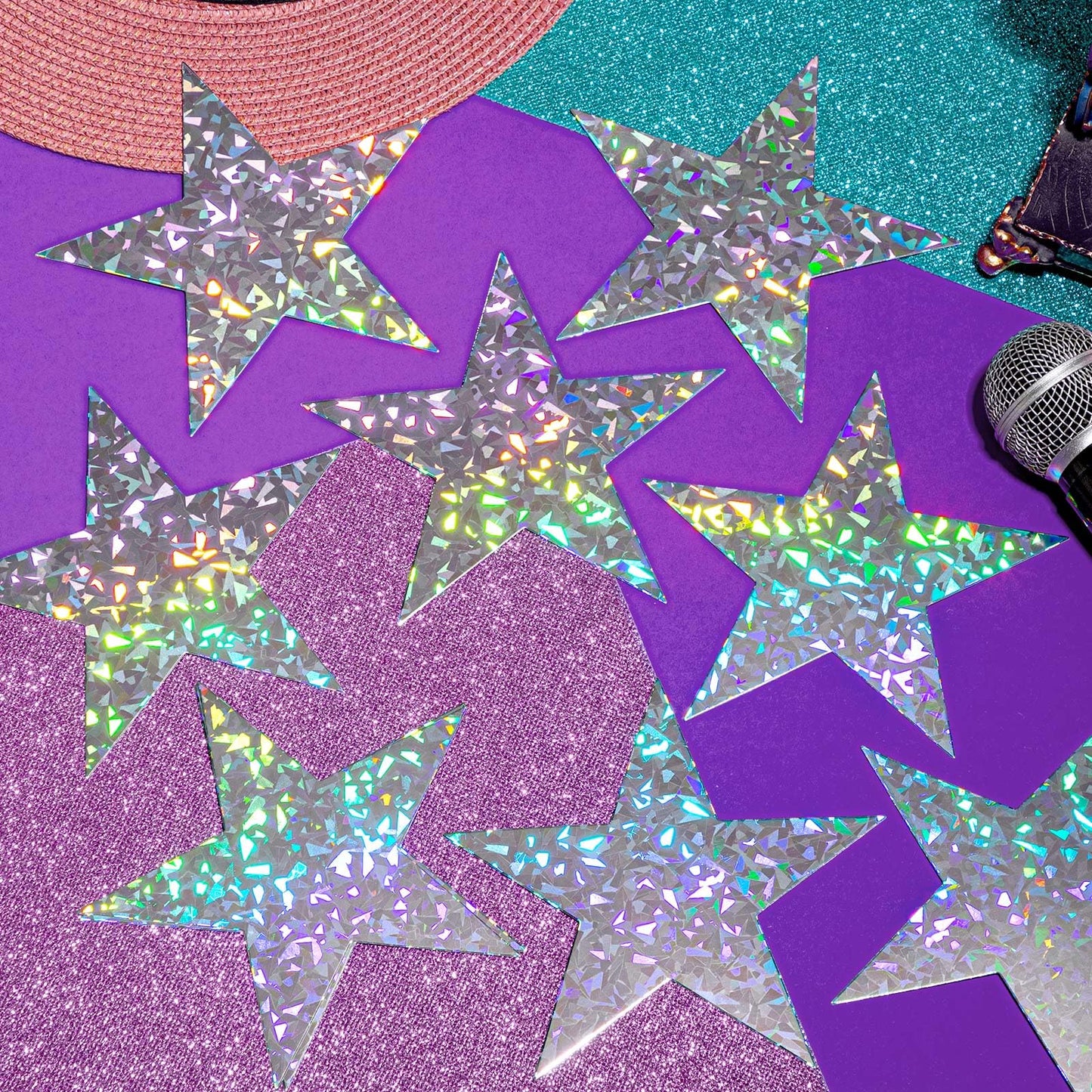 Leinuosen 80 Pieces Stars Cutouts Glitter Double Printed Paper Cardboard Stars Decorations for Bulletin Board Classroom Wall Back to School Party Supply, 6 Inches(Holographic Silver)