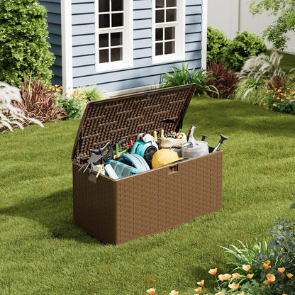 GarveeLife 100 Gallon Outdoor Storage Box, Large Resin Deck Box with Hydraulic Air Rod, Weatherproof & Lockable Outdoor Storage Bin for Patio Cushions, Garden Tools, Pool Supplies, Porch, Brown