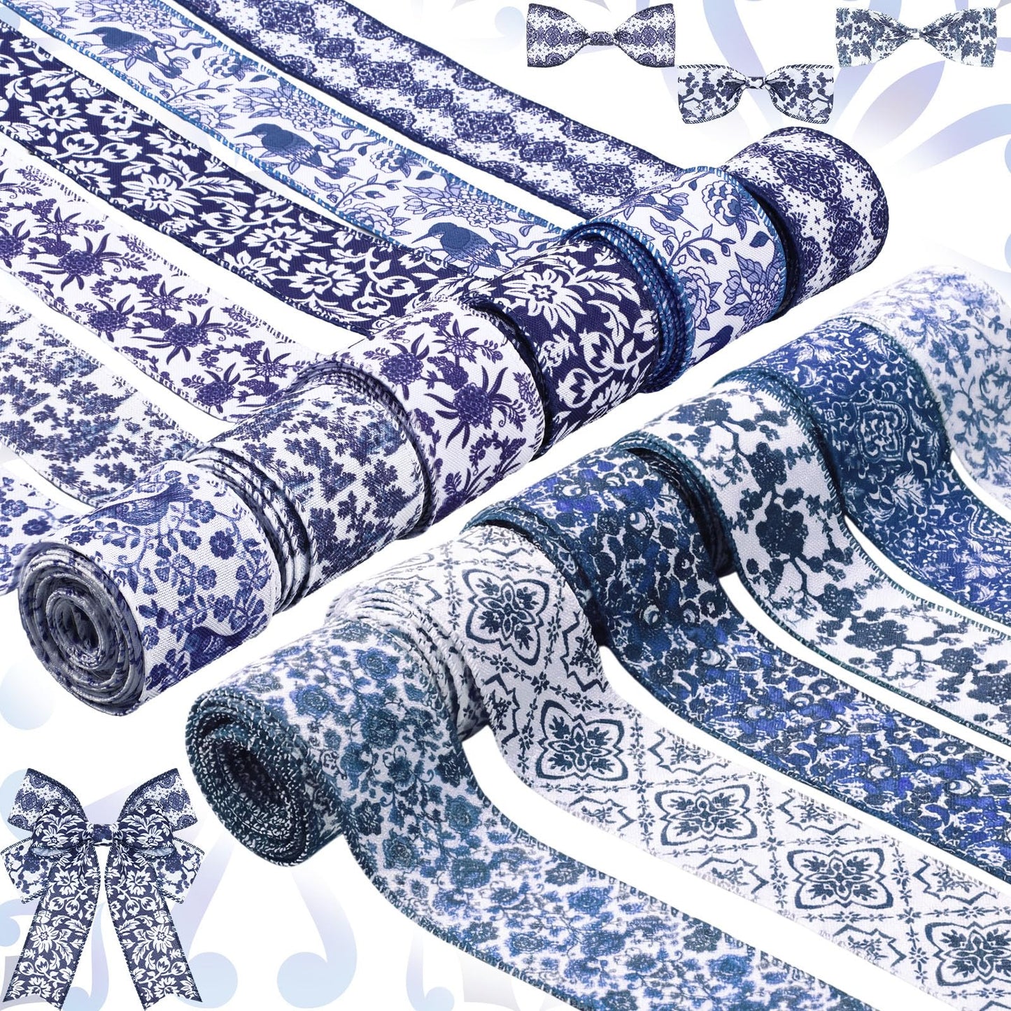 Chunful 12 Rolls Blue Floral Wired Edge Ribbon for Wreaths 2 Inch x 60 Yards Chinoiserie Print Grosgrain Ribbon for Gift Wrapping Hair Bow Sewing Wreath Party Supplies 12 Styles