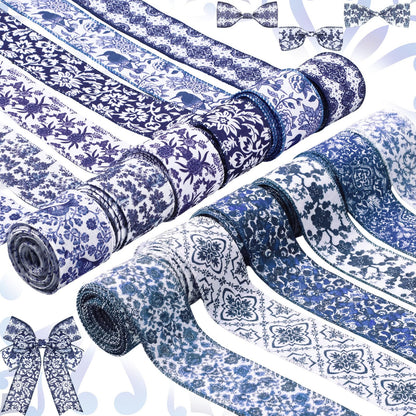 Chunful 12 Rolls Blue Floral Wired Edge Ribbon for Wreaths 2 Inch x 60 Yards Chinoiserie Print Grosgrain Ribbon for Gift Wrapping Hair Bow Sewing Wreath Party Supplies 12 Styles