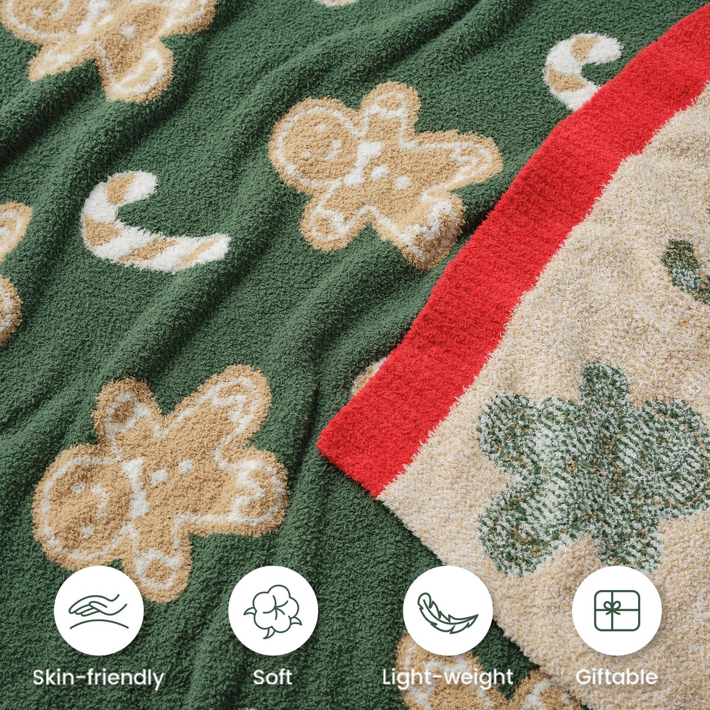Snuggle Sac Christmas Blanket Green Gingerbread Man Throw Blanket 50x60 inches, Ultra Soft Cozy Throw Blanket for Couch, Sofa and Bed for Christmas