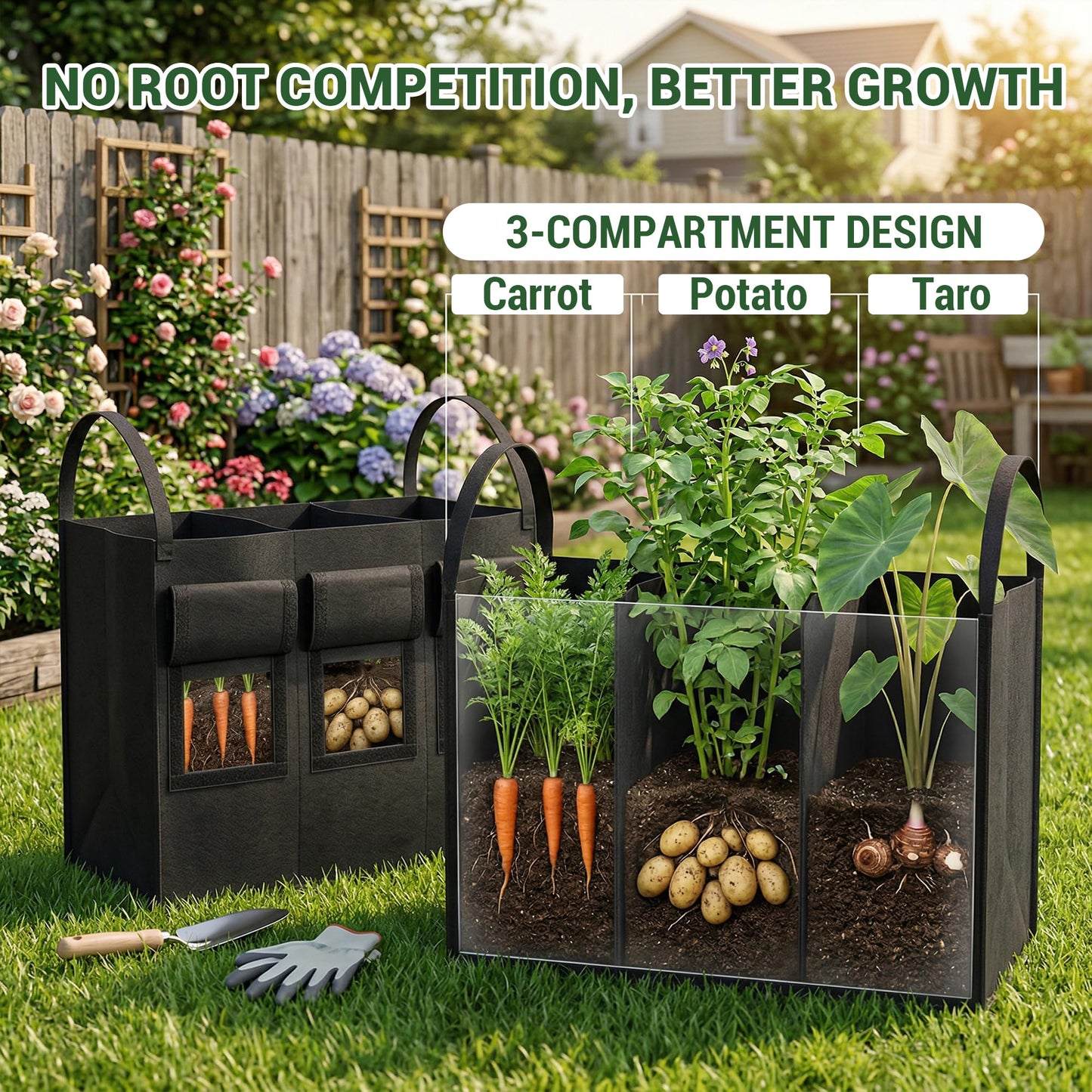 Chonway 24 Gallon 2 Pack Potato Grow Bags with Visible Harvest Window & Handles, 3-Compartment Nonwoven Fabric Planters Grow Bags for Potatoes, Potato Planter for Growing Tomato, Vegetables, Flower