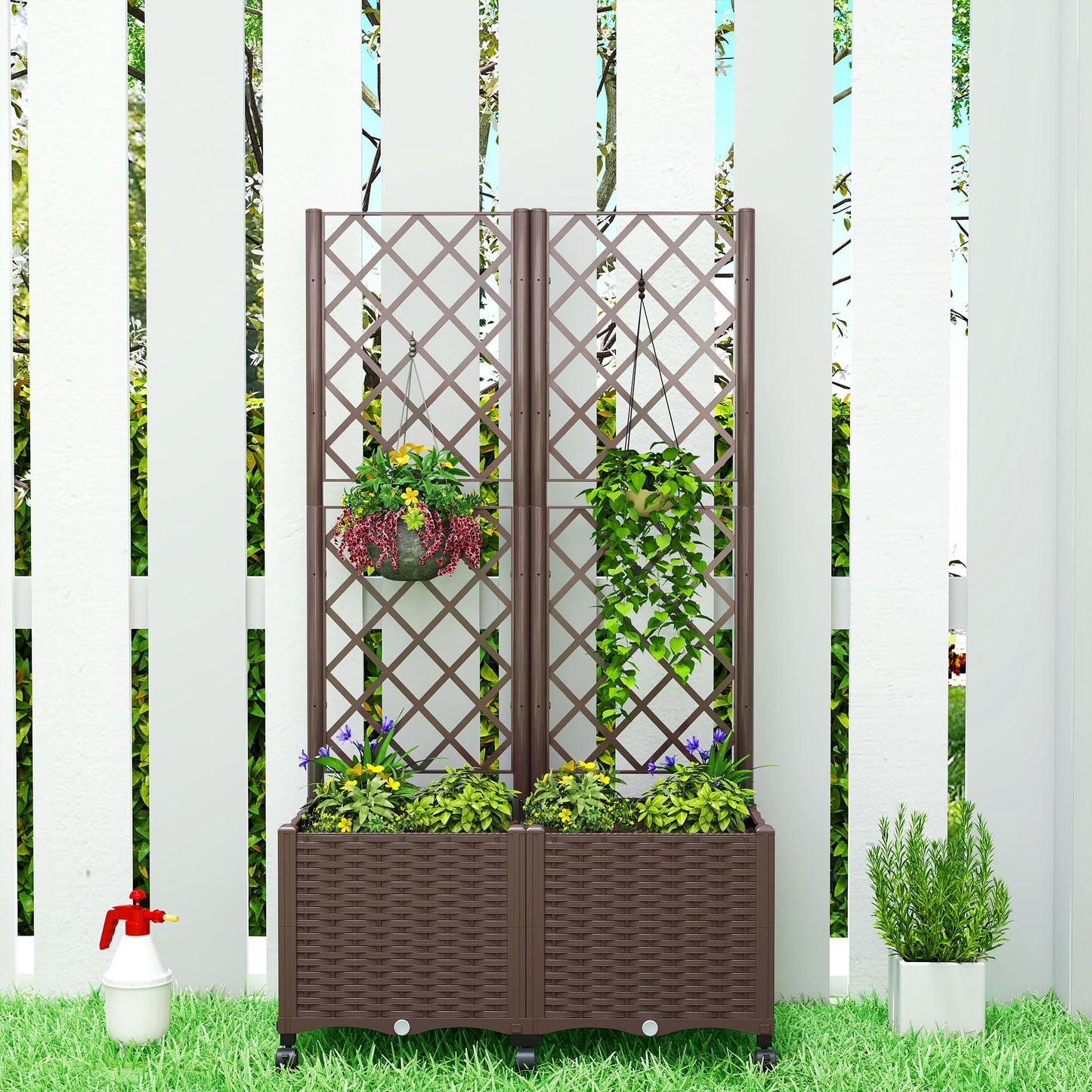 Outsunny Planter Box with Trellis, Self Watering Raised Garden Bed with Lockable Wheels, 56.3" Trellis Privacy Planter with Drainage Holes for Climbing Plants, Vines, Vegetables, Flowers, Brown