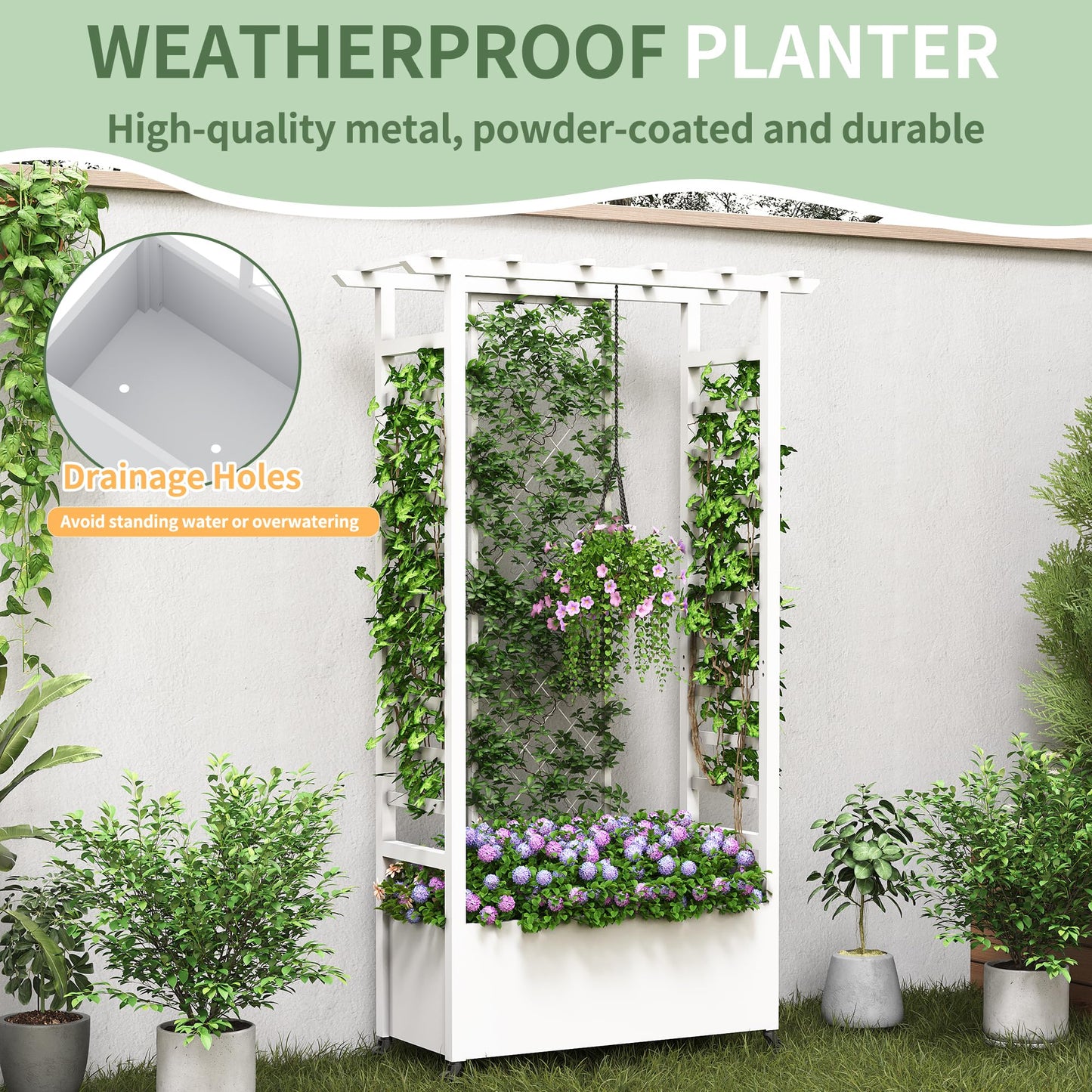 Sunnibety Raised Garden Bed with Trellis & Hanging Roof, Weatherproof Metal Planter Box with Wheels, Garden Arch Trellis for Outdoor Climbing Plants Vines Flowers, 74" H x 44" L x 17" W, White