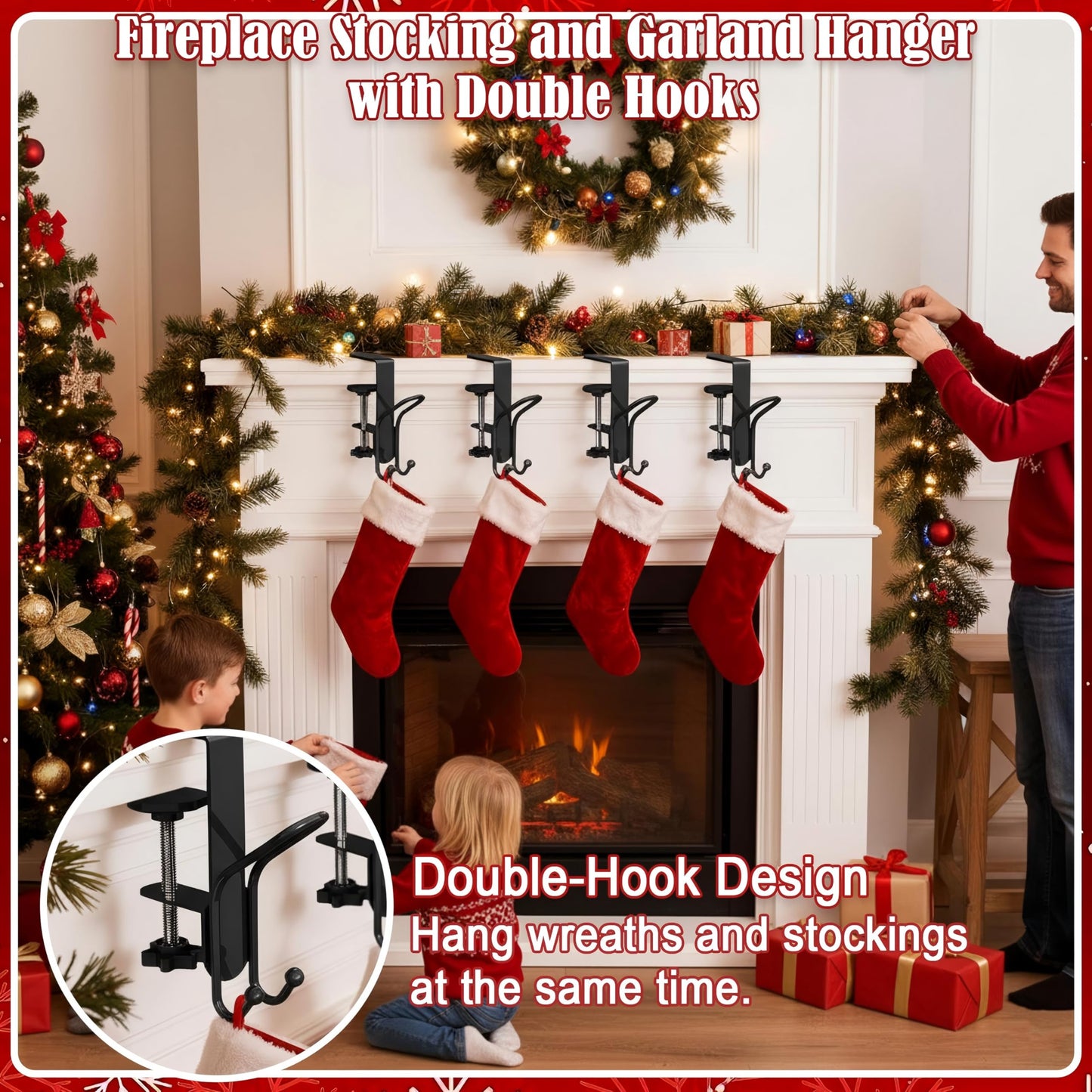 TGLIFEVER Fireplace Stocking and Garland Hanger with Double Hooks, 2 in 1 Mantel Hangers for Garland, Heavy Duty No Drill Christmas Stocking Holder for Party Home Decoration