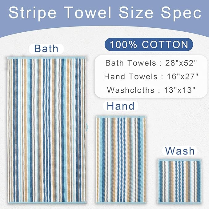 Striped Towels Set, 2 Bath 28"x52", 2 Hand 16"x27", 2 Face 13"x13", Luxury Bath