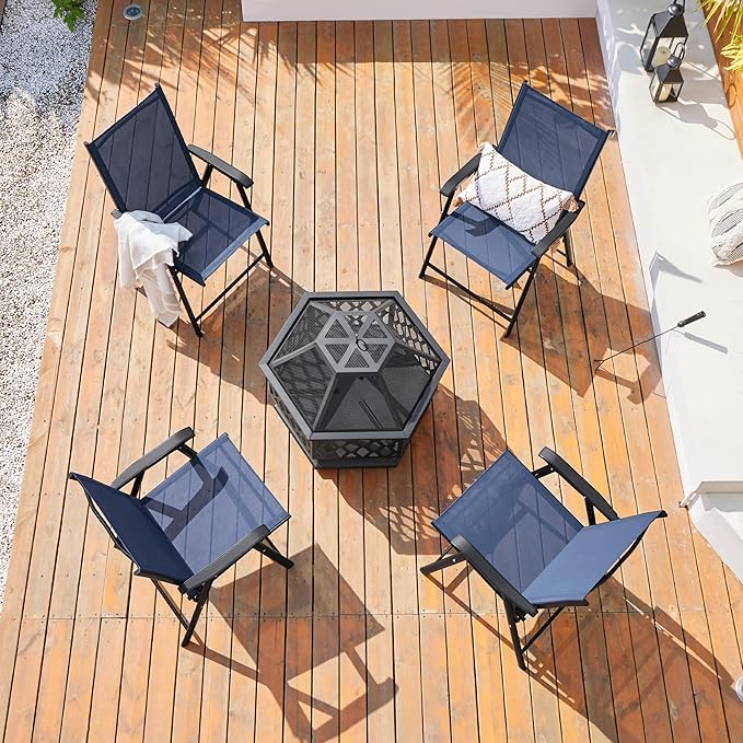 Yaheetech Outdoor Patio Chairs Set of 4, Portable Dining Chairs with Armrests for Camping, Lawn Yard Beach, Folding Outdoor Chairs 4-Pack with Metal Frame, Navy Blue