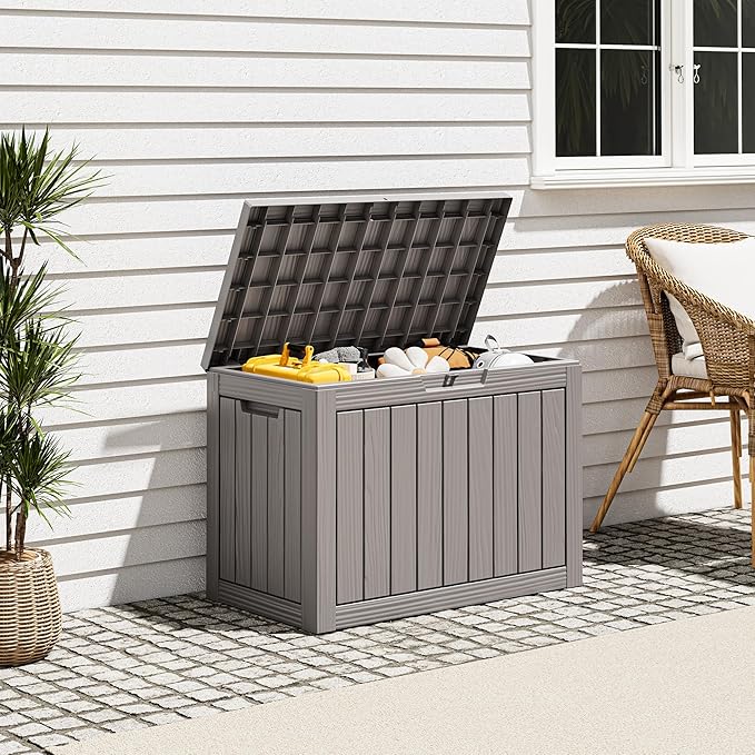 Outdoor Storage Box, Resin Deck Boxes Indoor and outdoor, Waterproof Storage Box Lockable Lid (Grey, 50 Gallon)