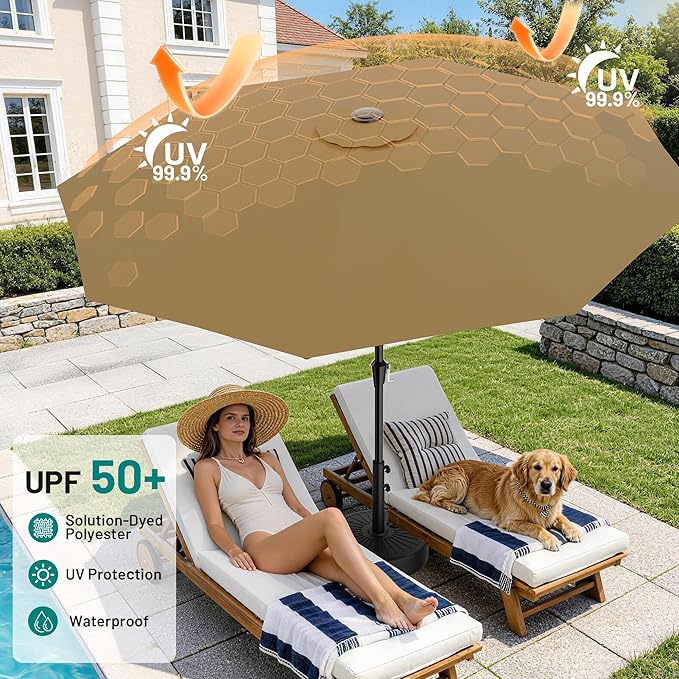 AreShark 9 FT Patio Umbrella for Outdoor, Outdoor Table Umbrella with Push Button Tilt and Crank, Outdoor Patio Umbrellas with 8 Sturdy Ribs for Market, Garden, Pool (Khaki)