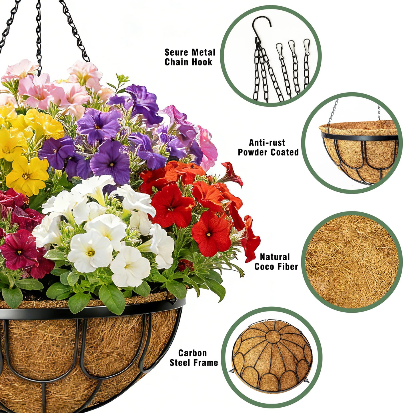MUYEZHIYU 4 Pack 14 Inch Hanging Planters for Outdoor Plants, Black Metal Wire Hanging Flower Baskets with Coco Coir Liner, Large Hanging Plant Pots for Garden, Patio, Balcony, Indoor Home Decor