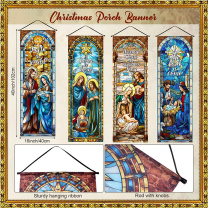 Panelee 4 Pcs Nativity Scene Banner Religious Christmas Backdrop Holy Nativity Stained Glass Style Wall Decorations Jesus Porch Sign for Xmas Indoor Outdoor Church Wall Hanging Decor