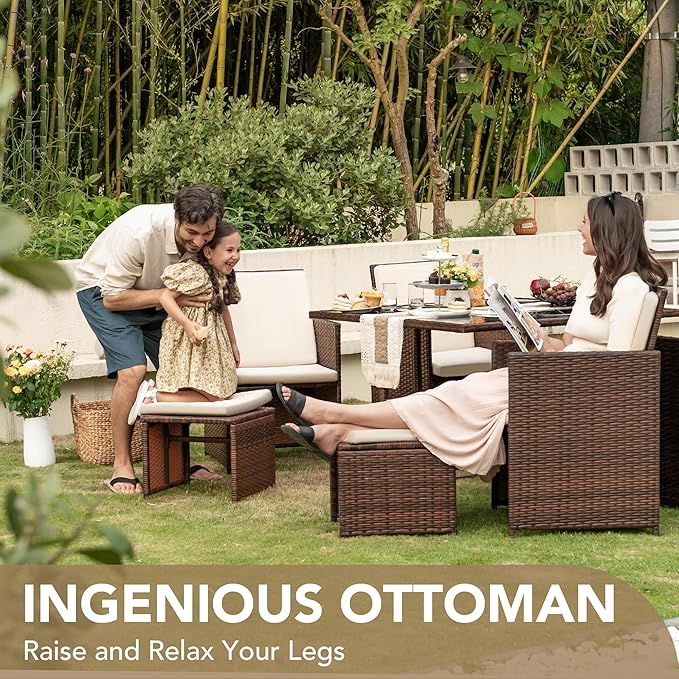 Devoko 9 Pieces Patio Dining Sets Outdoor Space Saving Rattan Chairs
