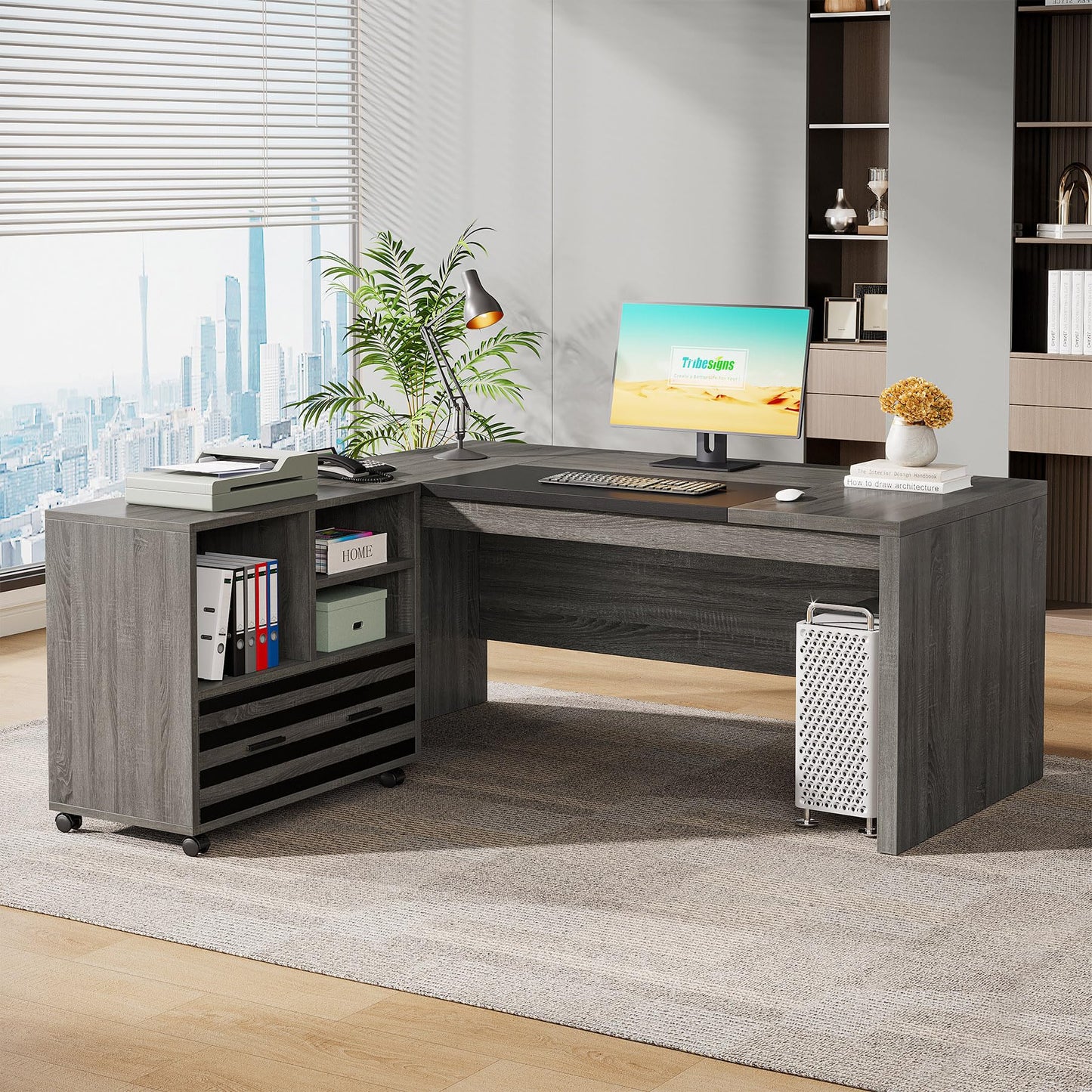 Tribesigns 62.2" Executive Desk with Mobile File Cabinet, L-Shaped Office Desk with Storage Shelves, Large Computer Table Business Workstation Set for Home Office, Grey