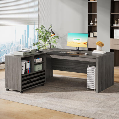 Tribesigns 62.2" Executive Desk with Mobile File Cabinet, L-Shaped Office Desk with Storage Shelves, Large Computer Table Business Workstation Set for Home Office, Grey
