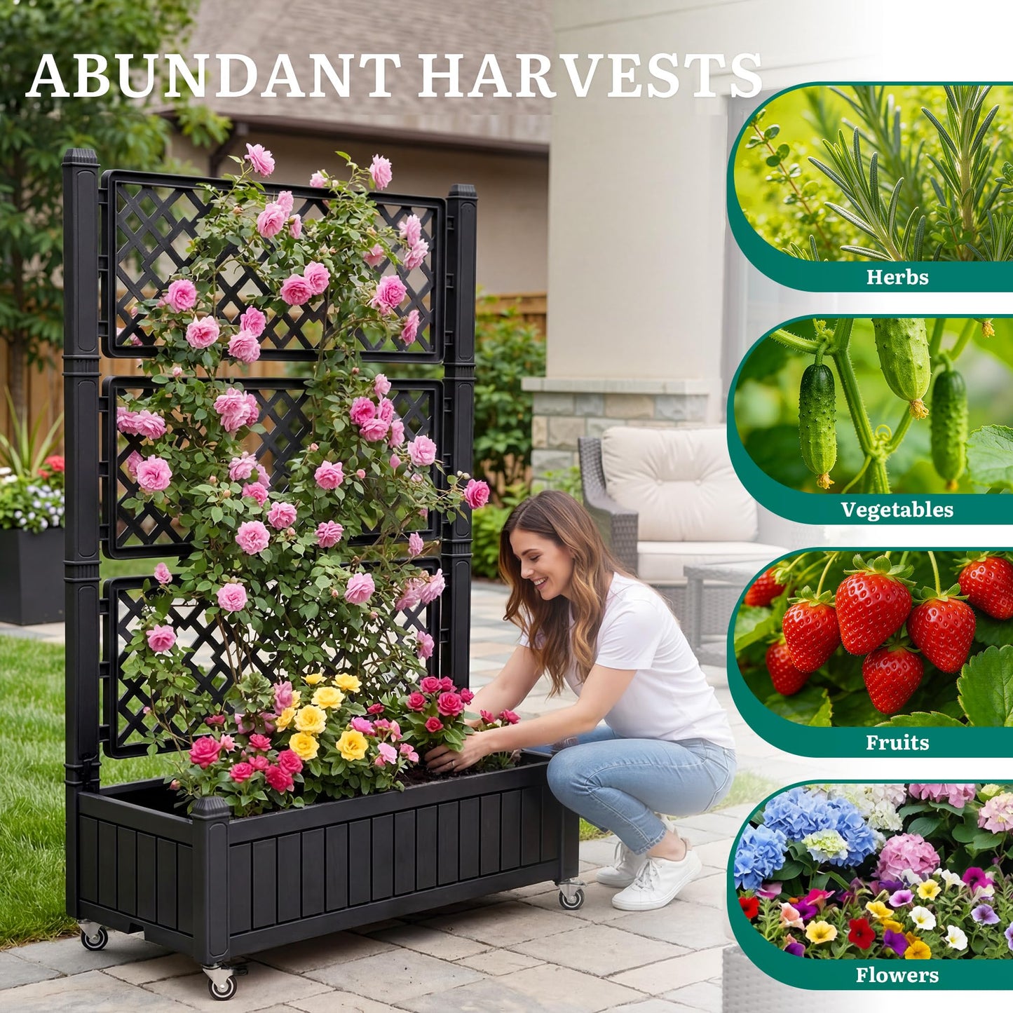 YITAHOME 42.5x14.2x61 in Planter Box with Trellis/Outdoor Privacy Screen, All-Weather Raised Garden Bed with Wheels & Drain Plug for Climbing Plants Flowers Herbs, Black