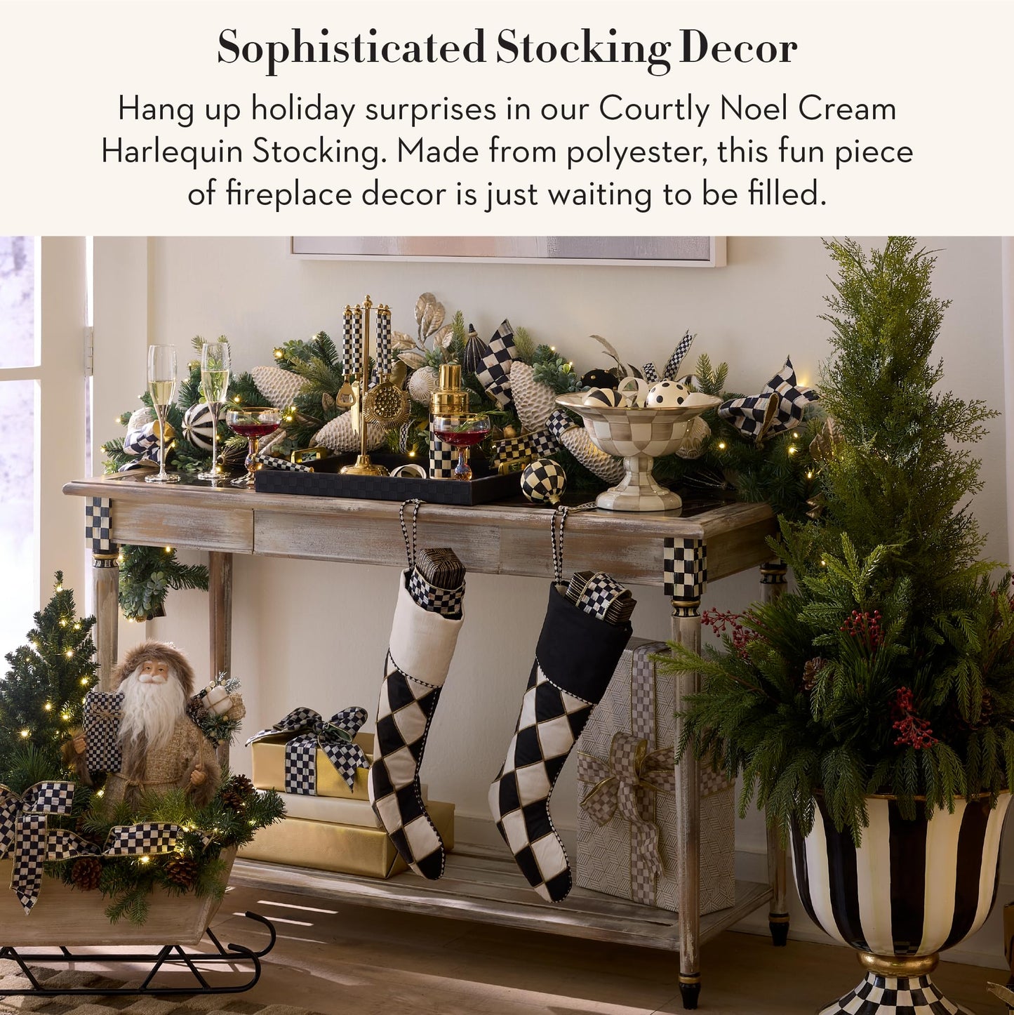 MACKENZIE-CHILDS Stocking, Decorative Polyester Holiday Stocking for Christmas, 7" x 20", Black-and-Off-White Courtly Noel Cream Harlequin