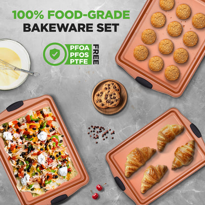 NutriChef Baking Tray Set, Oven Baking Pans, 3 Piece Non-Stick Kitchen Oven Trays, Stackable Carbon Steel Baking Set, Cookie Sheet, Copper Metal Bakeware w/Black Silicone Handles, 3Pc