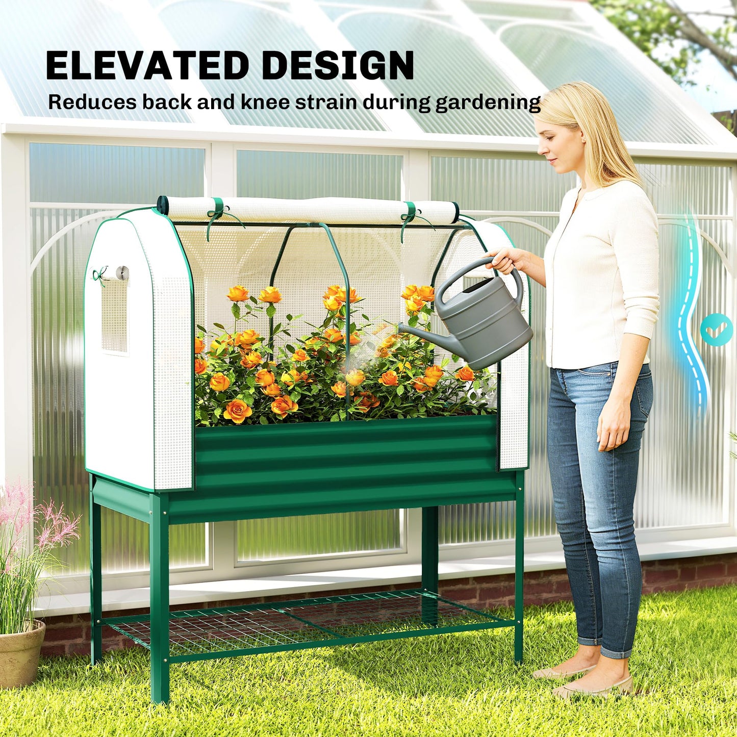Outsunny Galvanised Raised Garden Bed with Greenhouse Cover, Metal Elevated Garden Bed with Legs, Bed Liner and Bottom Shelf, Outdoor Raised Planter Box for Vegetables, Herbs, Flowers, Green