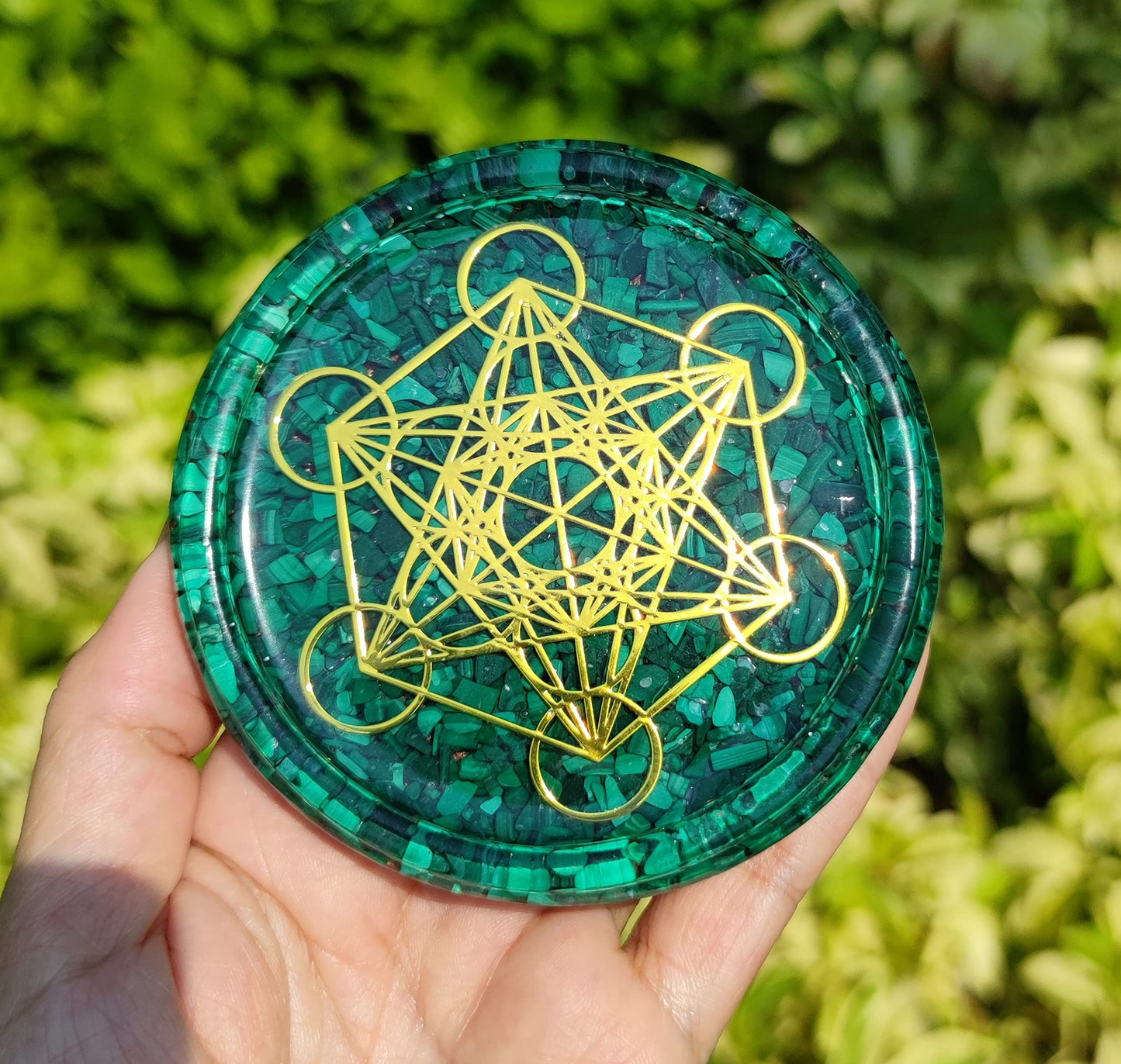 ZZYBIA LARGE 4" Malachite Crystals Metatron's Cube Merkaba Coaster Water Charging Plate Energy Dome