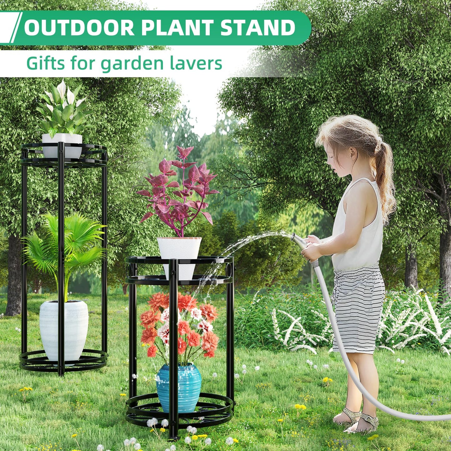 Simple Trending Round Plant Stand Indoor Outdoor, Waterproof Metal Tall 31” Plant Shelf Holder, Heavy Duty Flower Pot Display Rack, 2 Pack, Black